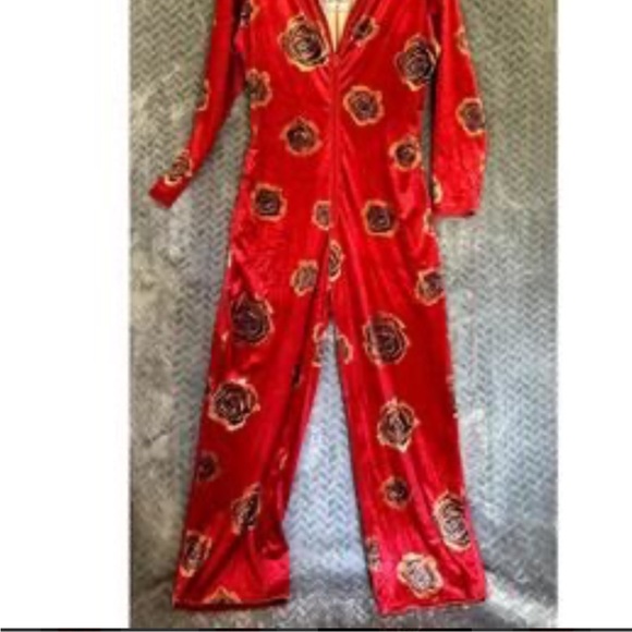 Oyrosy Elegant Red Floral Rose Velvet Zip up  Long Sleeve  Retro Jumpsuit M - Picture 12 of 15